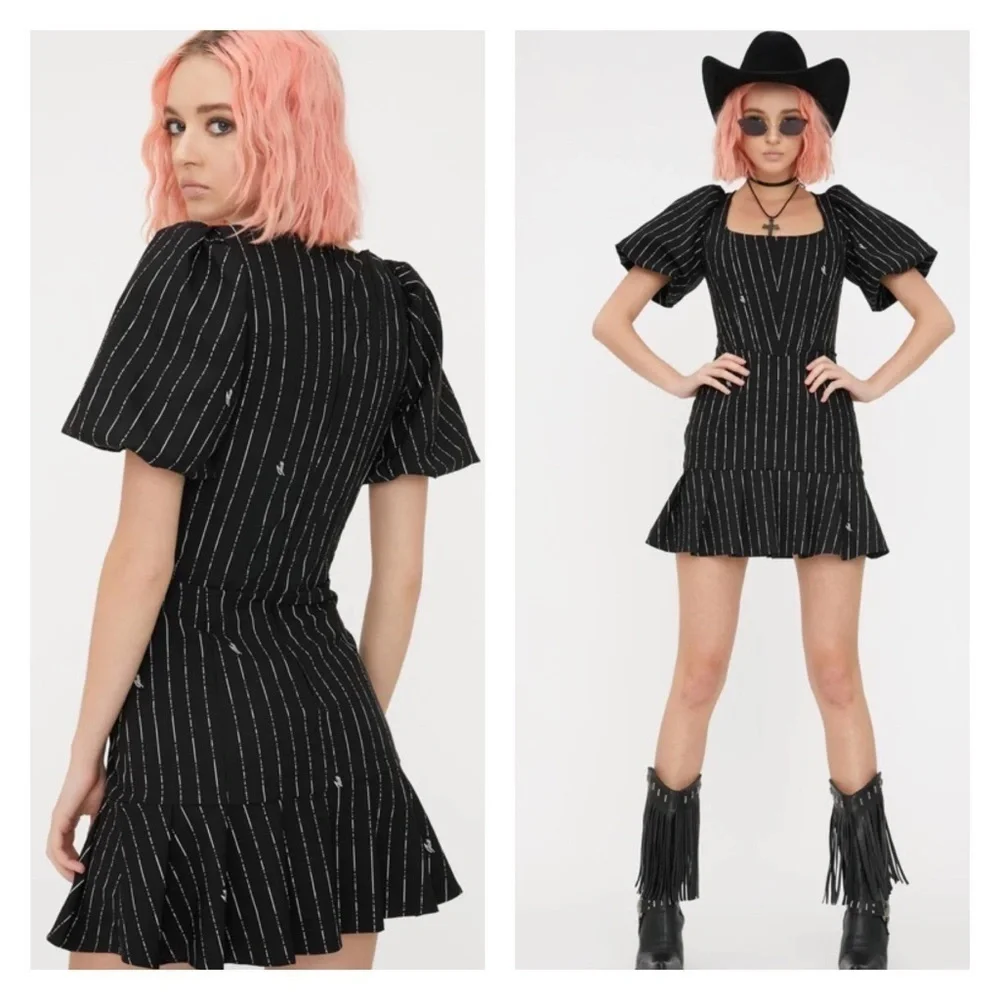 I.AM.GIA Chelsey Black Pinstripe Puff Sleeve Mini Dress Corset Small NWT - Picture 10 of 14